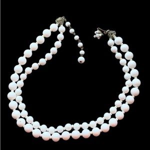 Mariam Haskell Vintage Double Strand White Glass Beaded Collar Necklace Jewelry